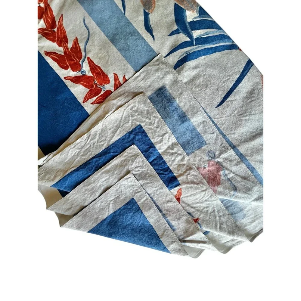 Vintage Southwest Tablecloth & 6 Napkins Set Blue & Orange Cotton Chilis Corn